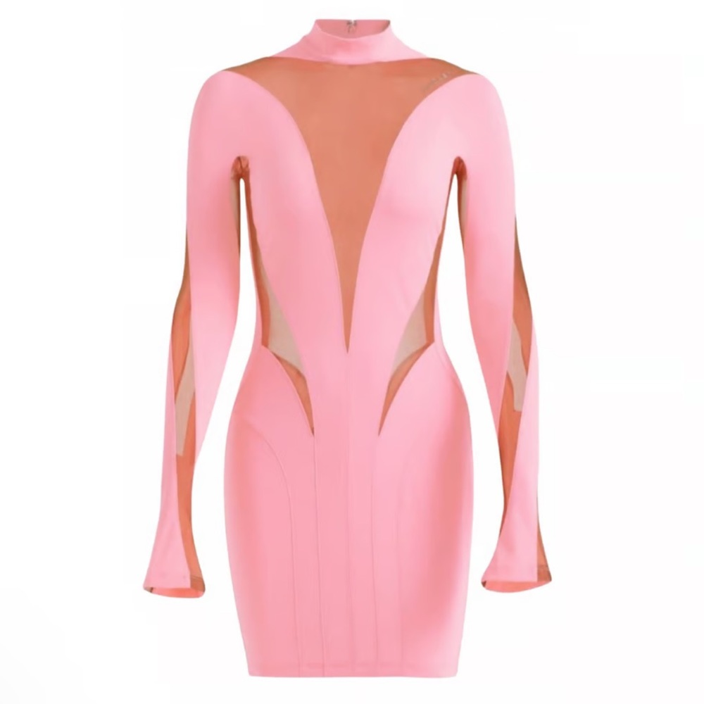 🆕MUGLER X H&M BUBBLE GUM BARBIE PINK SHEER MESH PANEL MINI DRESS SIZE LARGE NWT